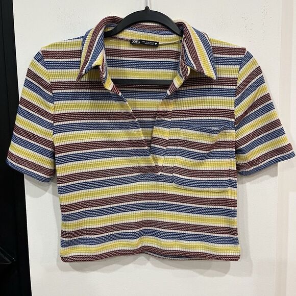Zara Multicolor Striped Collared Knit Crop Top Size Small Retro Kidcore - Picture 3 of 5